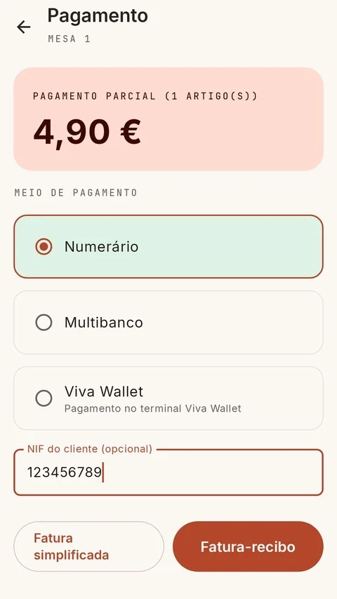 Pagamento parcial com escolha do meio de pagamento e NIF do cliente