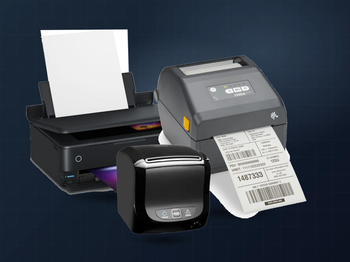 Impressora A4 Epson, impressora de talões Sam4s e impressora de etiquetas Zebra